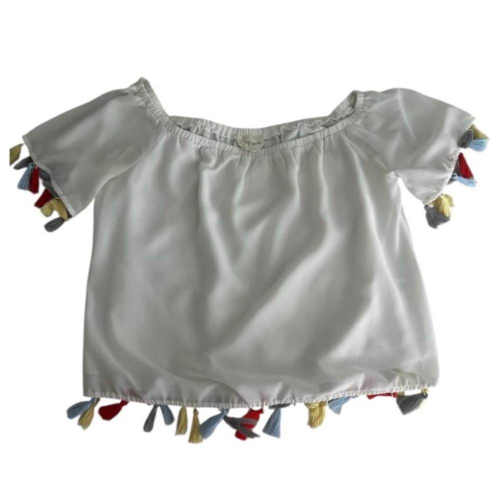 Vestique White Off-Shoulder Top with Colorful Tassels Size Medium